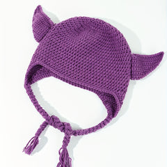 Devil Ears Knitted Beanie with Braid - Unisex