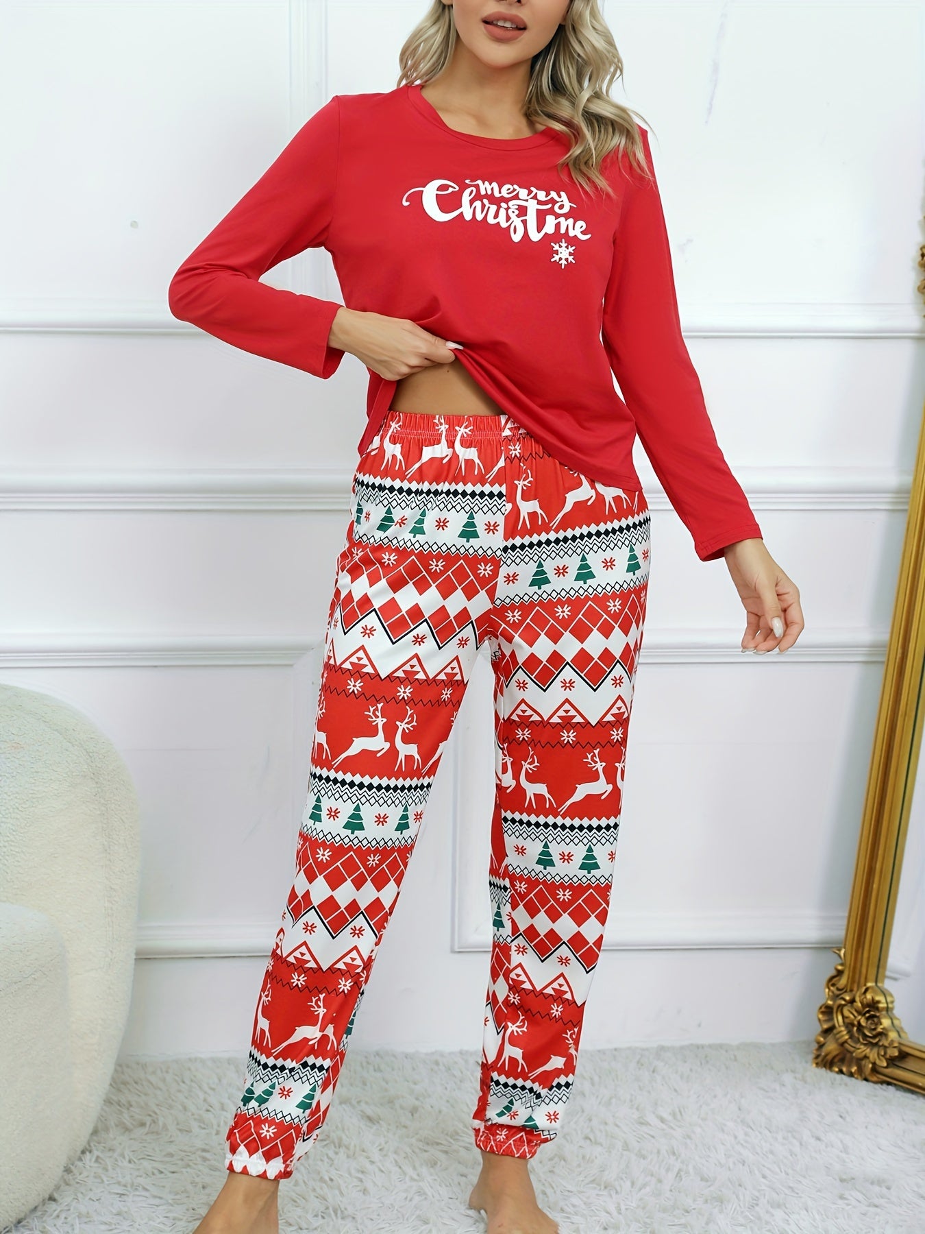 Snowflake & Deer Print Pajama Set Long Sleeve Crew Neck Top & Joggers