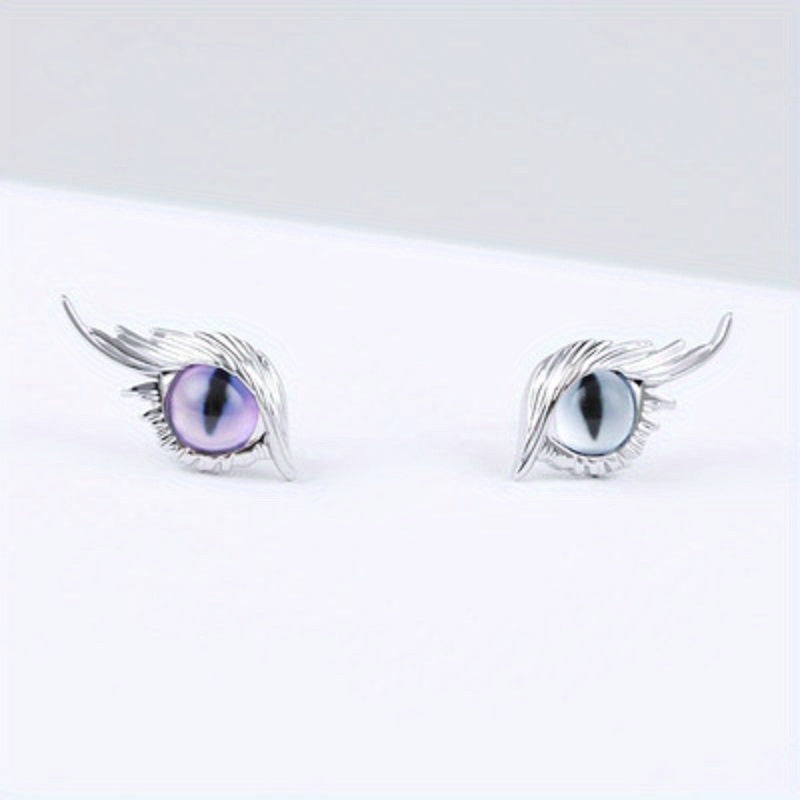 Cat Eye Stud Earrings w/ Feather 2pcs Pair