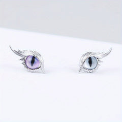 Cat Eye Stud Earrings w/ Feather 2pcs Pair