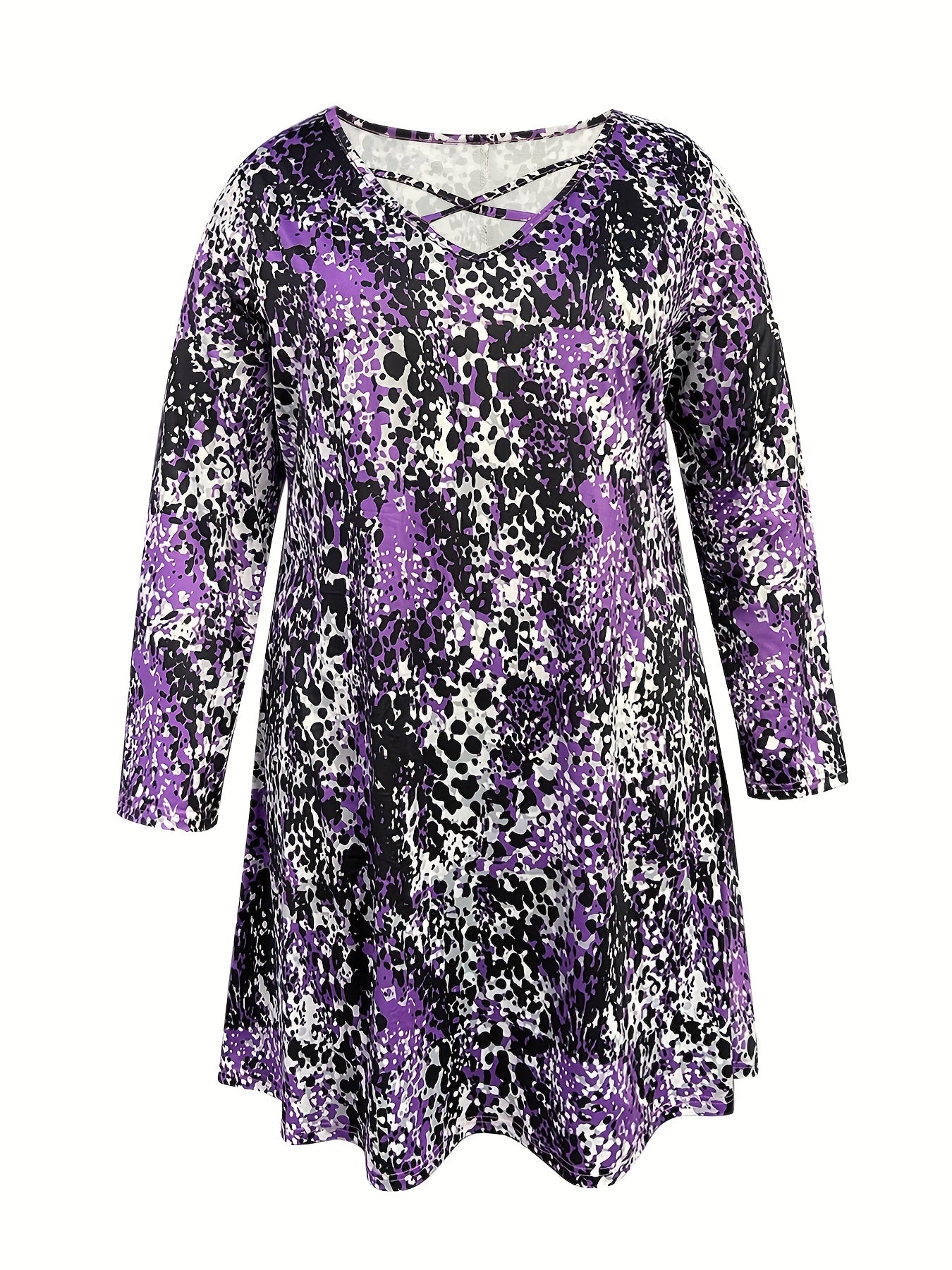 Plus Size Allover Print Criss Cross Long Sleeve V Neck Dress