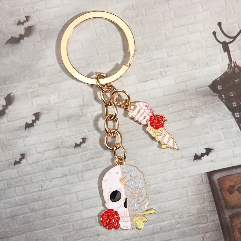 Y2K Rose Flower Skull Keychain Hiphop Punk Key Ring Purse Bag