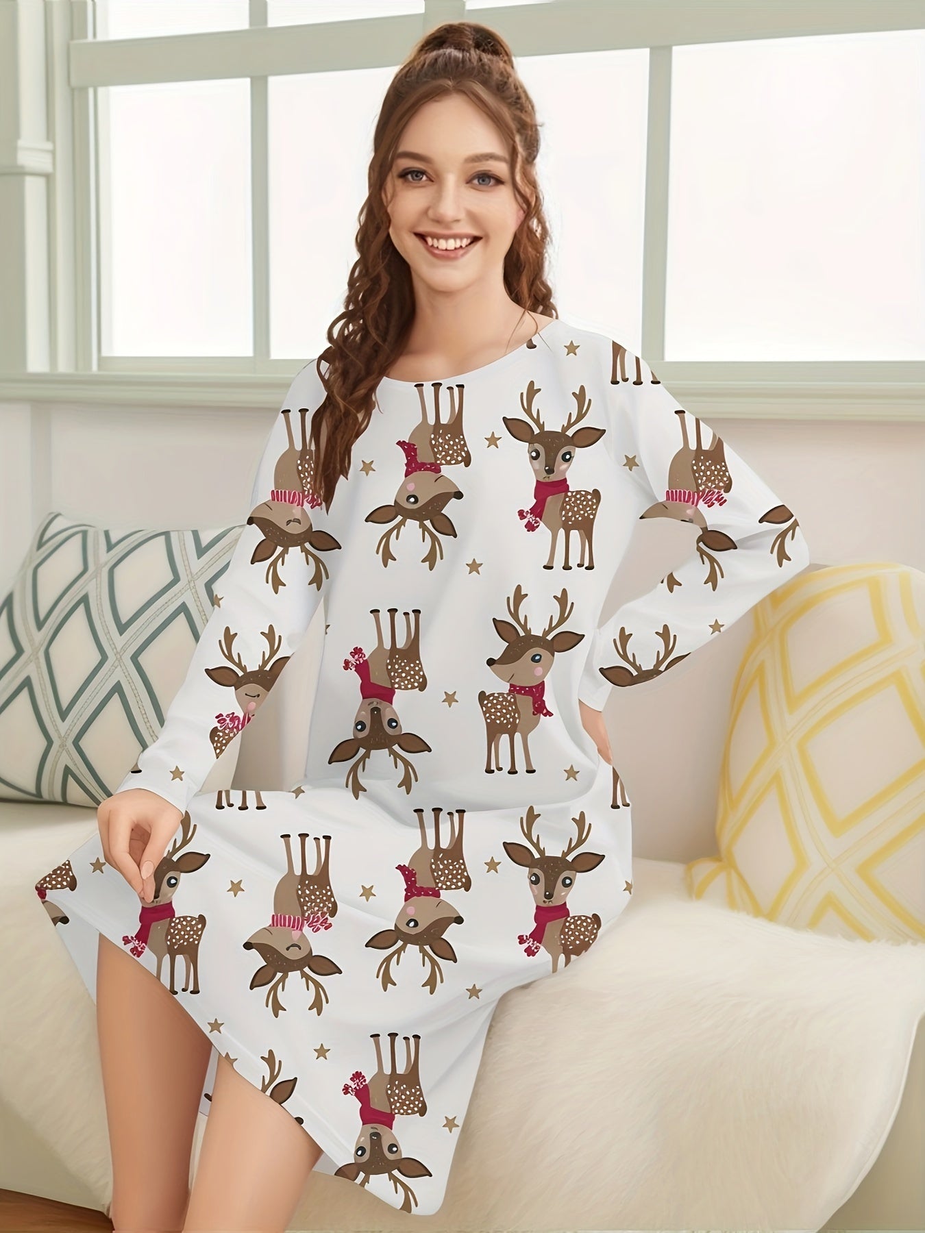 Christmas Elk Print NightDress Long Sleeve Pajama Dress Women's Sleepwear