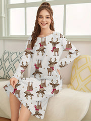 Christmas Elk Print NightDress Long Sleeve Pajama Dress Women's Sleepwear
