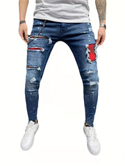 Mens Ripped Jeans Paint Splatter Chain Casual Street Style Denim Pants