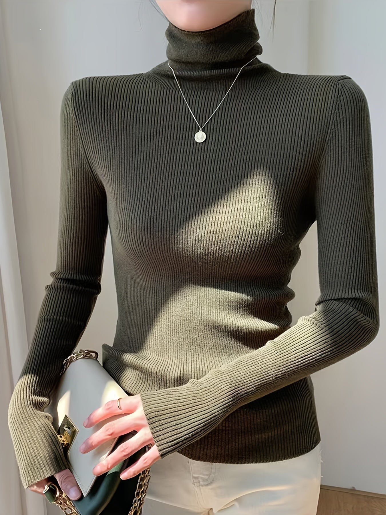 Women's Turtleneck Ribbed Sweater Slim Pullover Knit Top
