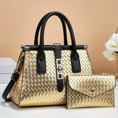 Metallic Woven Tote Bag Set with Clutch Purse for Women