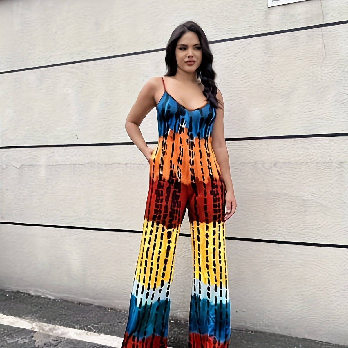 Tie Dye Block Wide Leg Jumpsuit Sleeveless Sexy Jumpsuit for Spring & Summer