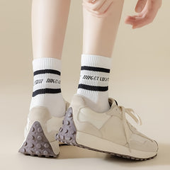 5 Pairs Letter & Striped Print Socks Comfy & Breathable Women's Stockings