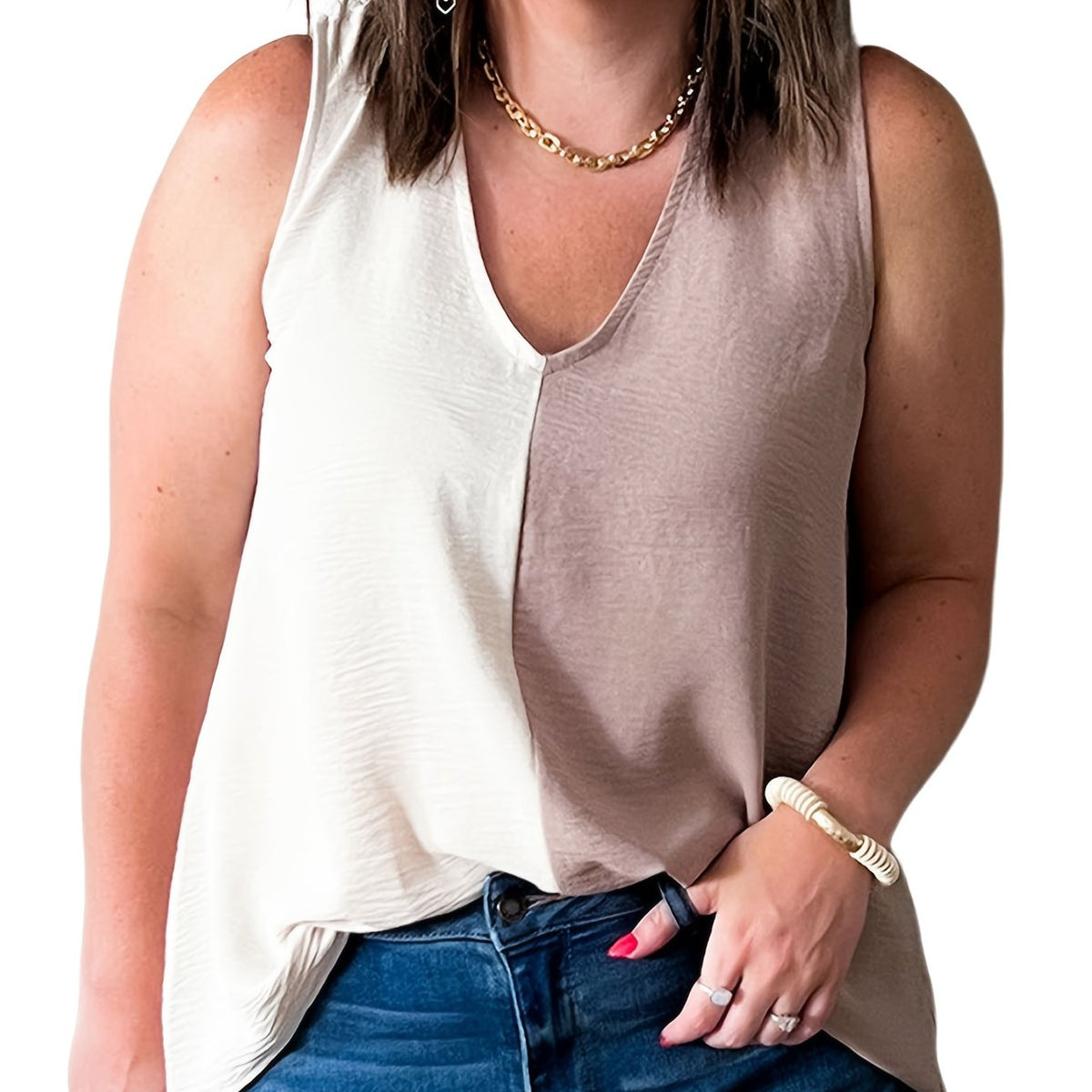  Colorblock Half V Neck Loose Tank Top