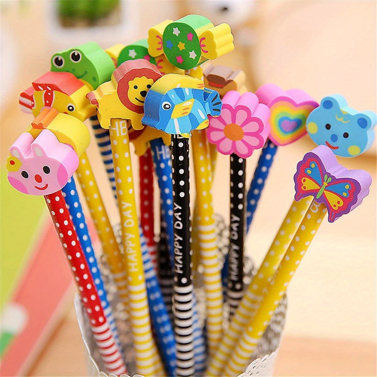 20 Colorful 18 Length Cartoon Eraser Pencils Office School Students Gift