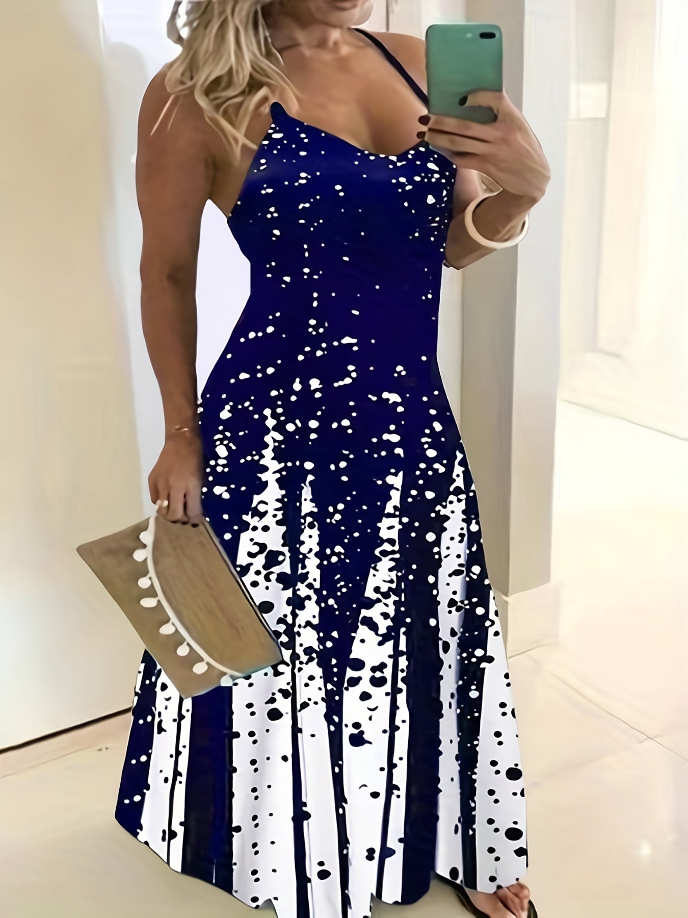  Colorblock Dot Print Maxi Dress