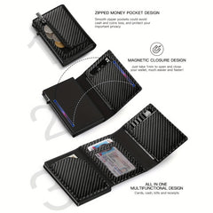 Men's Carbon Fiber Magnetic Card Holder Airtag Leather RFID Zipper Coin Purse
