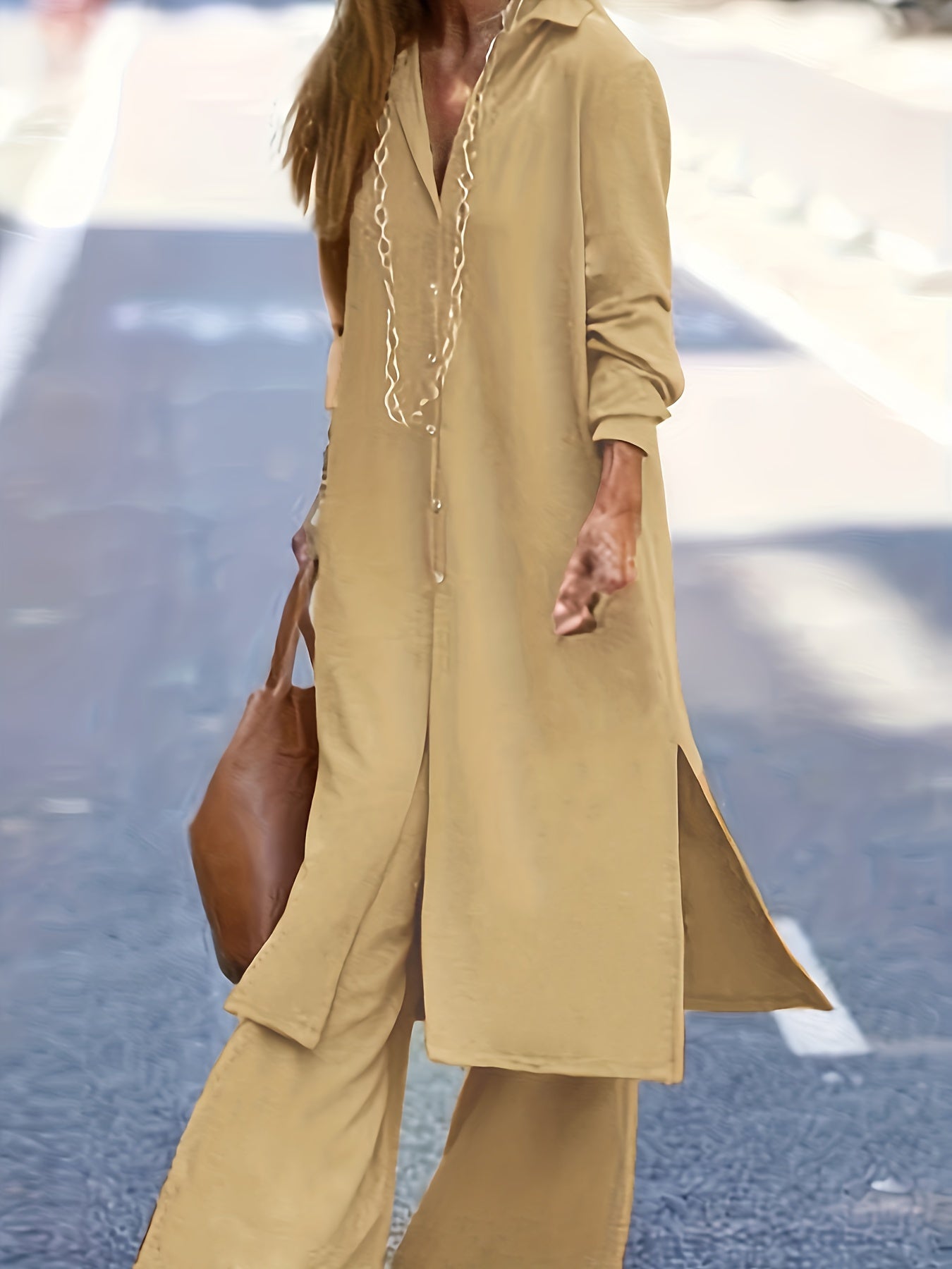  Solid Long Sleeve Button Up Shirt & Pants 2 Piece Set