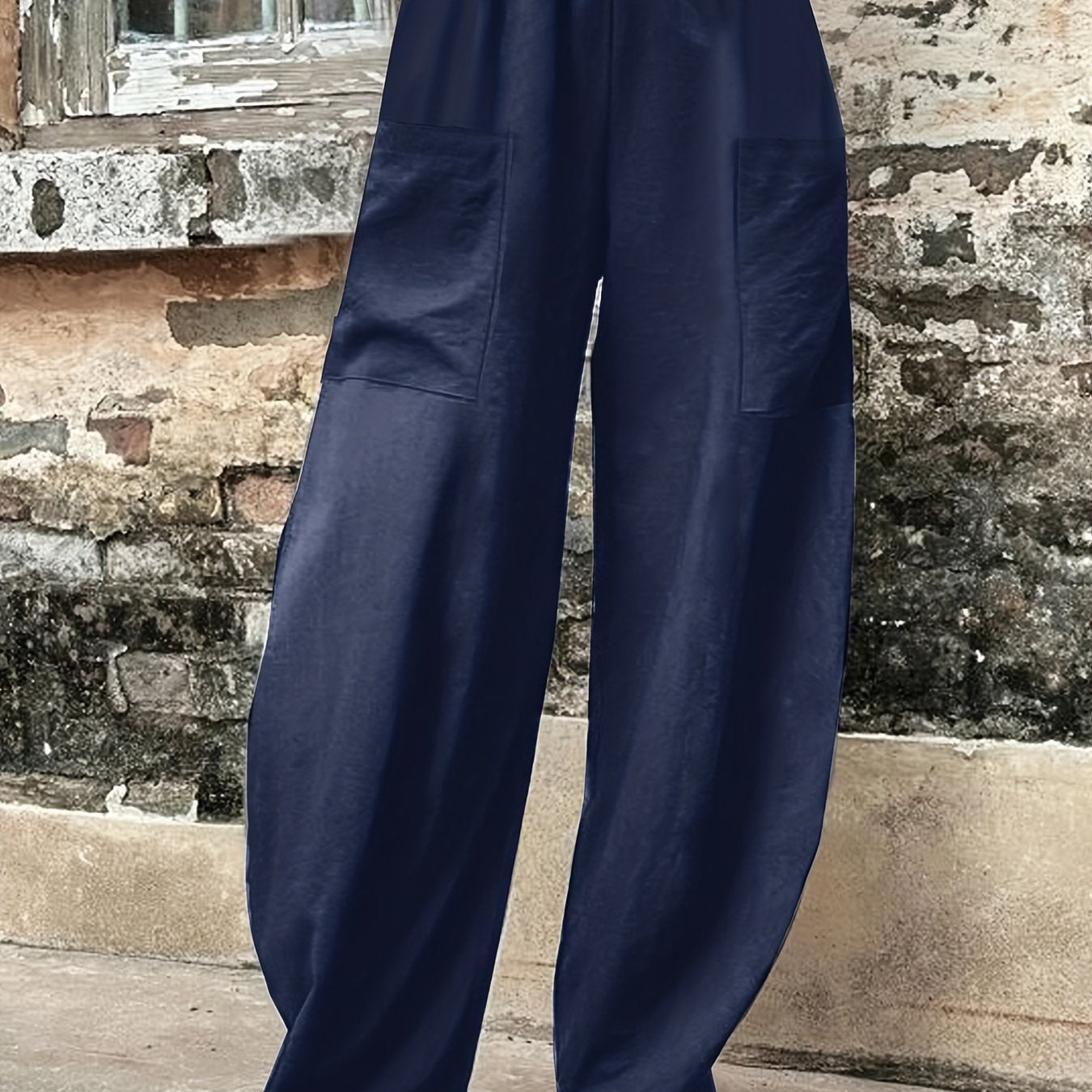  Solid High Rise Loose Pants With Pockets