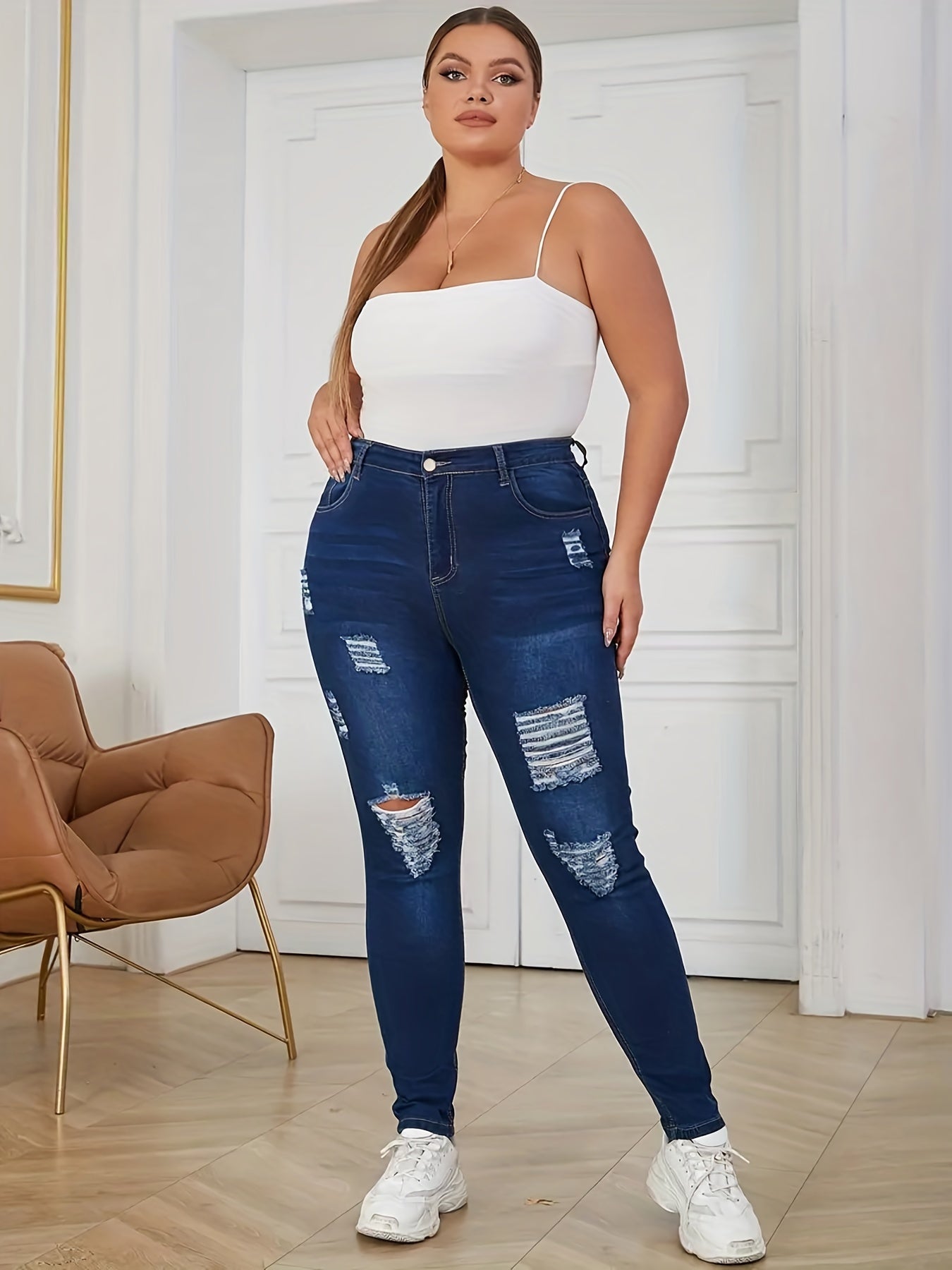  Ripped High Rise Skinny Jeans Women's Casual Jegging
