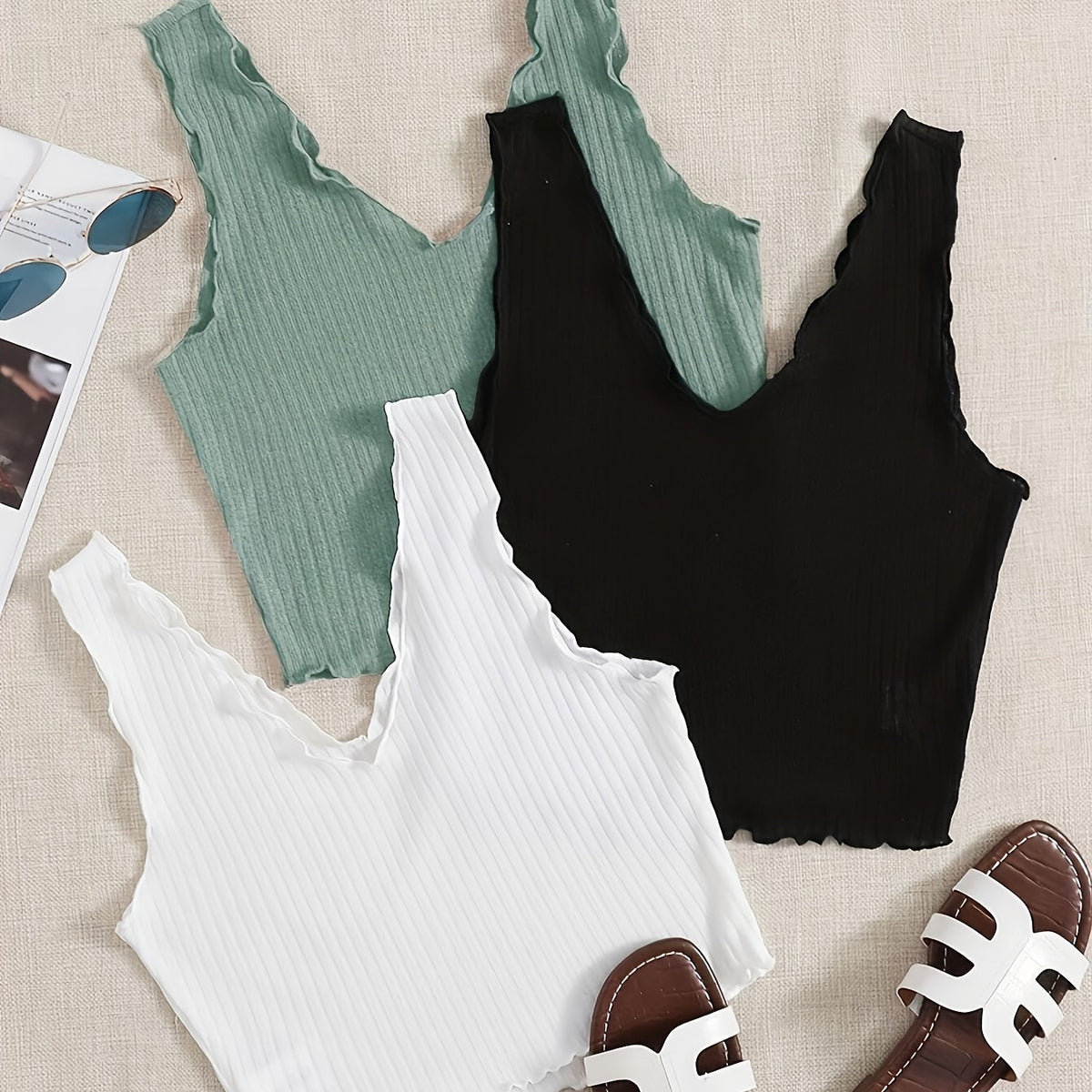 Ruffle Trim Tank Top Set Casual Summer Sleeveless Women's Clothing