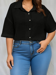  Casual Blouse Women's Plus Solid Textured Button Up Lapel