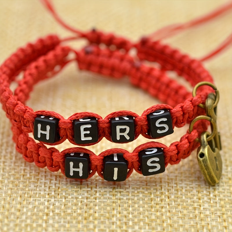 2 Pcs Lock & Key Pendant Braided Bracelet Set for Couples