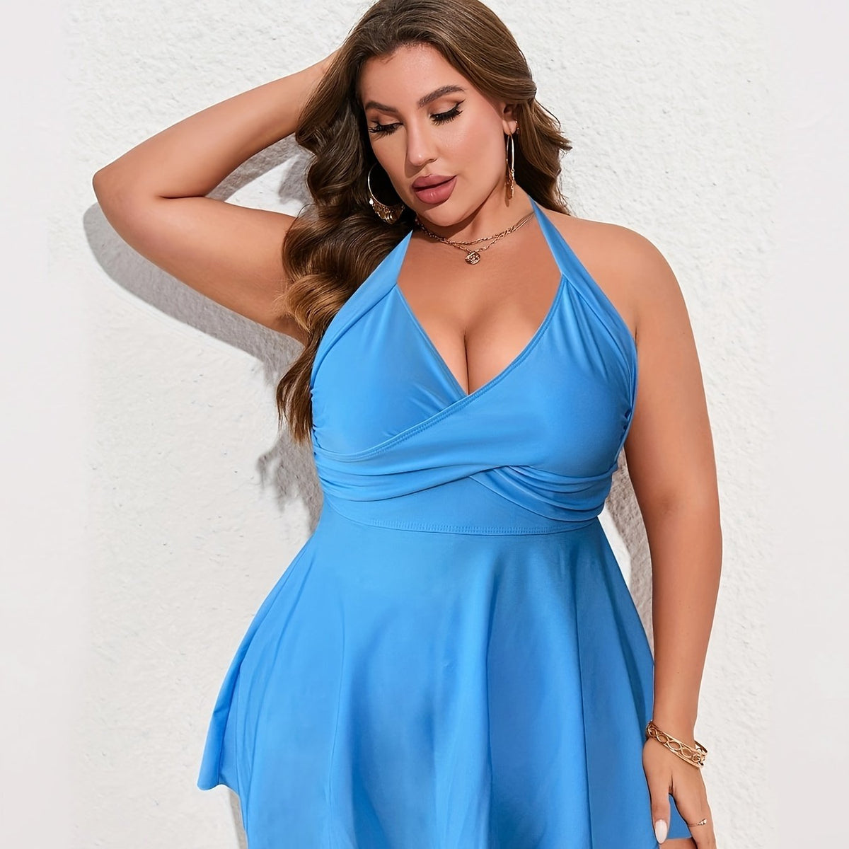  Solid Cross Front Halter Dress & Panty Swimsuit 2 Piece Set