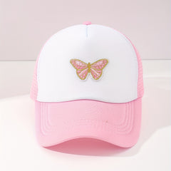 Butterfly Embroidery Pink Trucker Hat Cartoon Block Mesh Baseball Cap