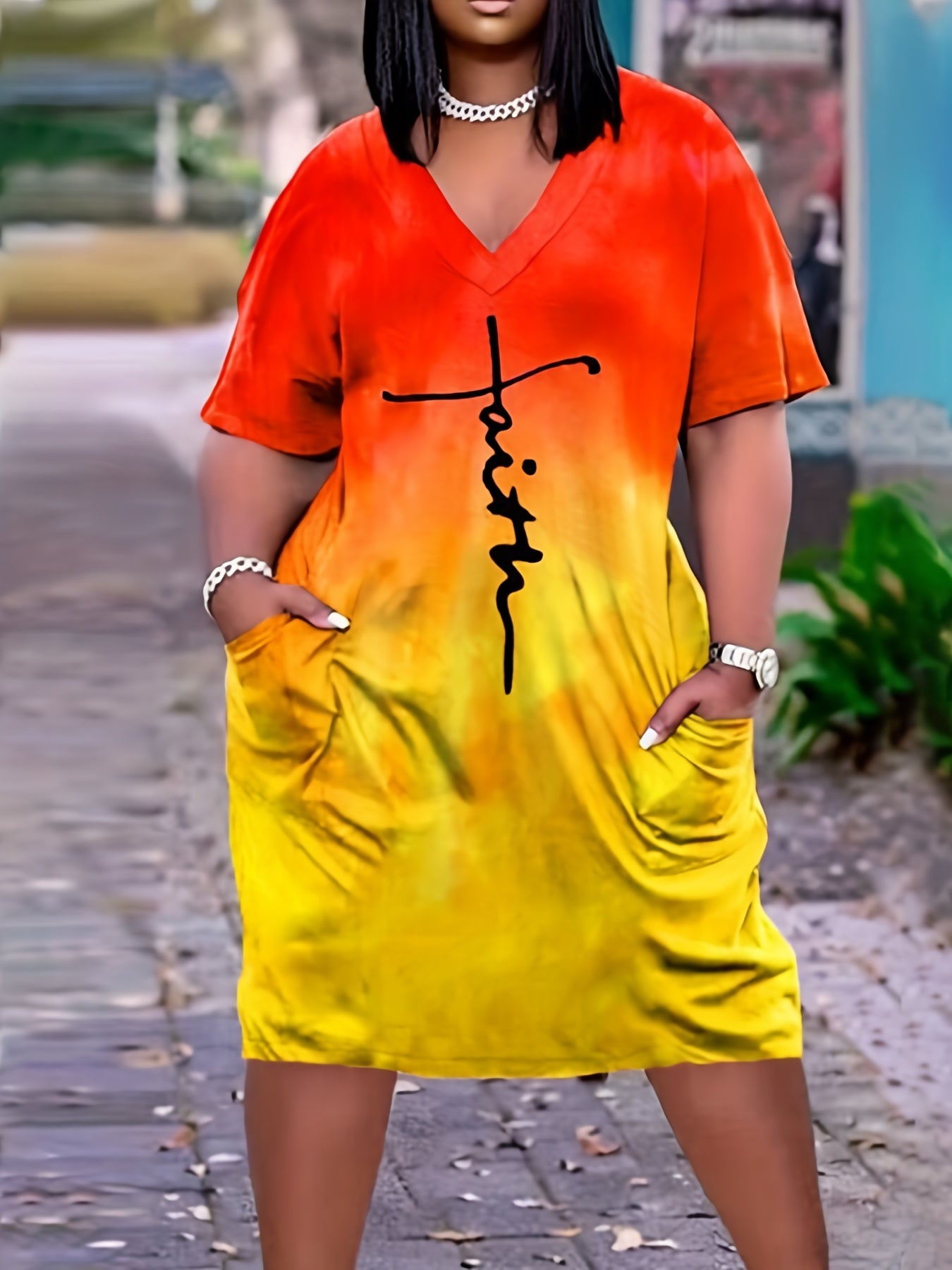  Casual Dress Women's Plus Letter & Ombre Print Short Sleeve V Neck Dre