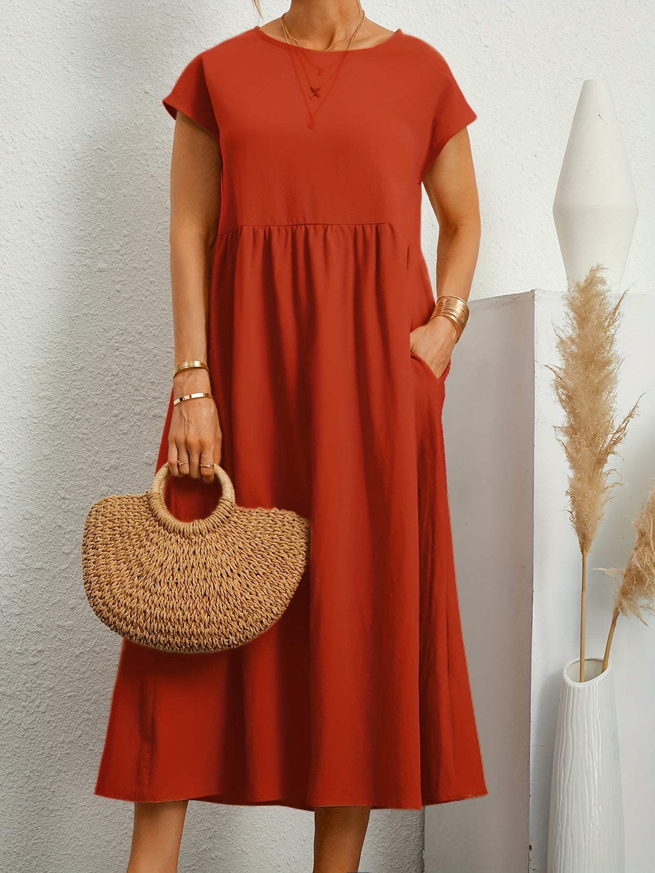  Casual Dress Solid Round Neck Cap Sleeve Midi Dress With Pockets