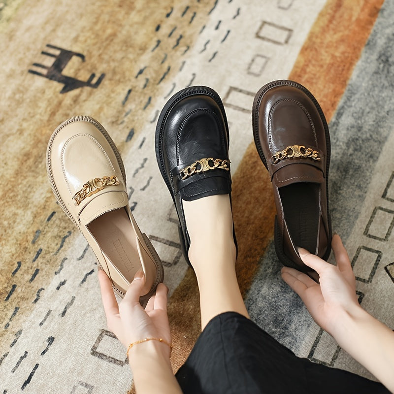 Metal Buckle Round Toe Loafers Slip On Shoes