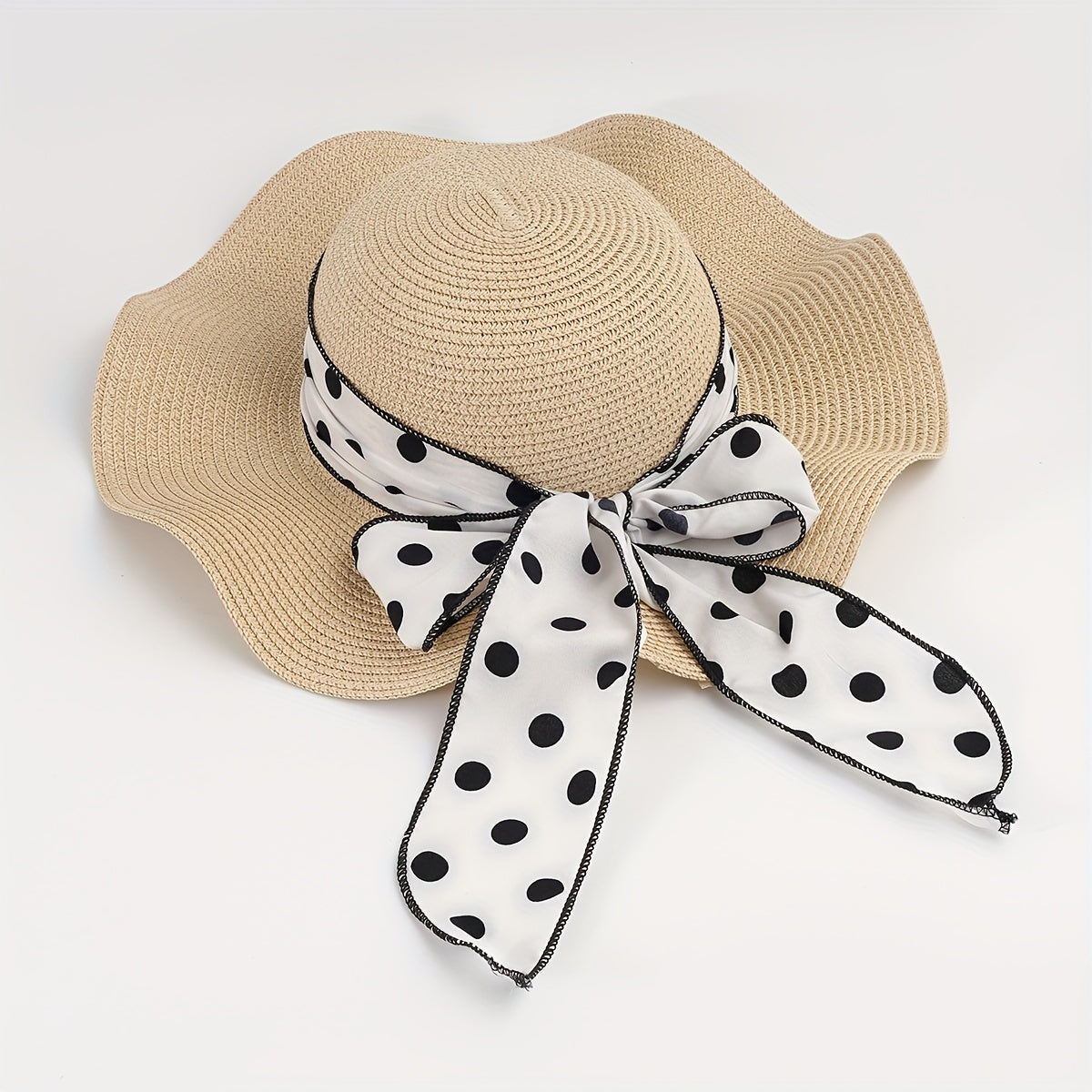 Dotted Ribbon Bowknot Sun Hat Ruffles Wide Brim Straw Bucket Hats