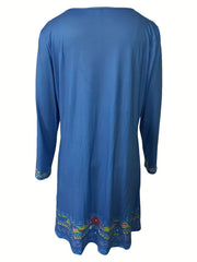  Floral Print Long Sleeve V-Neck Dress