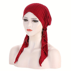 Solid Embossed Turban Cap Elastic Headscarf Women Ramadan Hijab Bandana