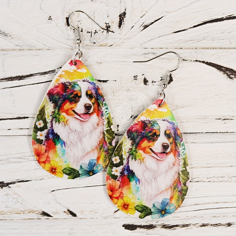 Colorful Flower Print Puppy Earrings PU Leather Jewelry Gift