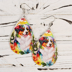 Colorful Flower Print Puppy Earrings PU Leather Jewelry Gift