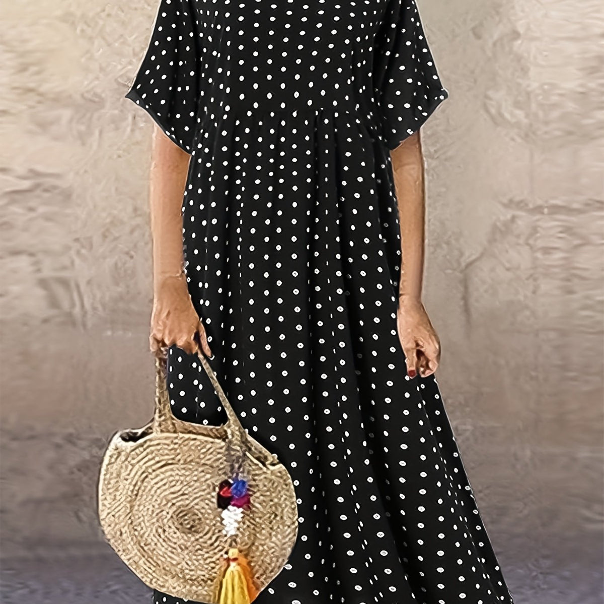  Boho Polka Dot Print Ruched Dress