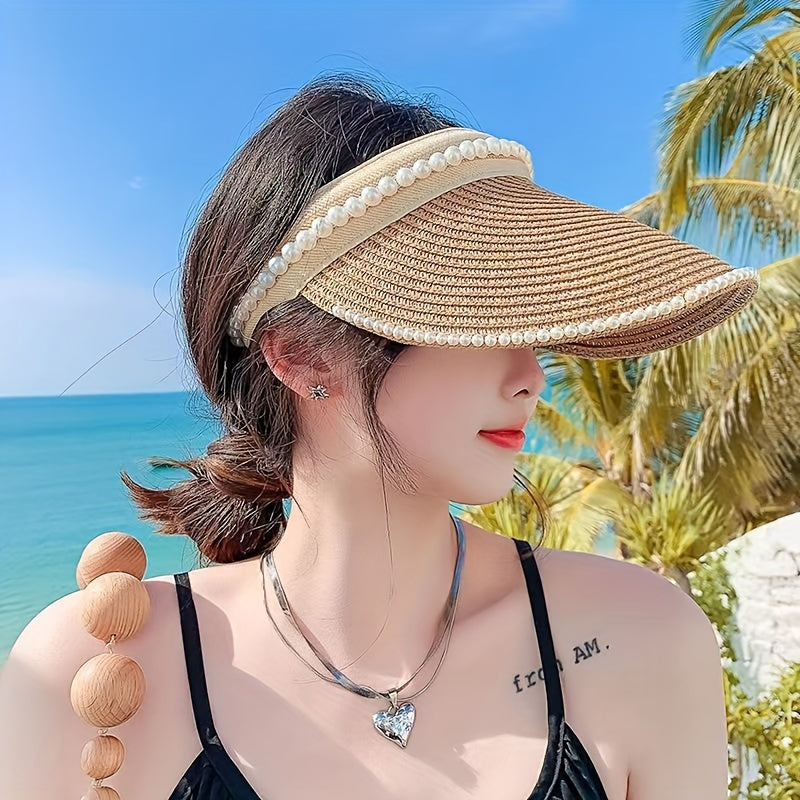 Faux Pearl Decor Visor Hat Beige Straw Hat Outdoor UV Protection Sun Hat
