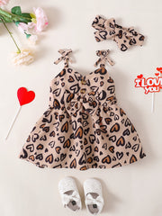 Baby Girls Spaghetti Strap Dress Headband Hearts Print Baby Clothes