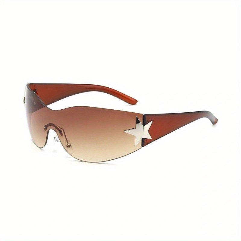 Y2K Wrap Around Sunglasses For Women Men Cyberpunk One piece Star Decor Glasses