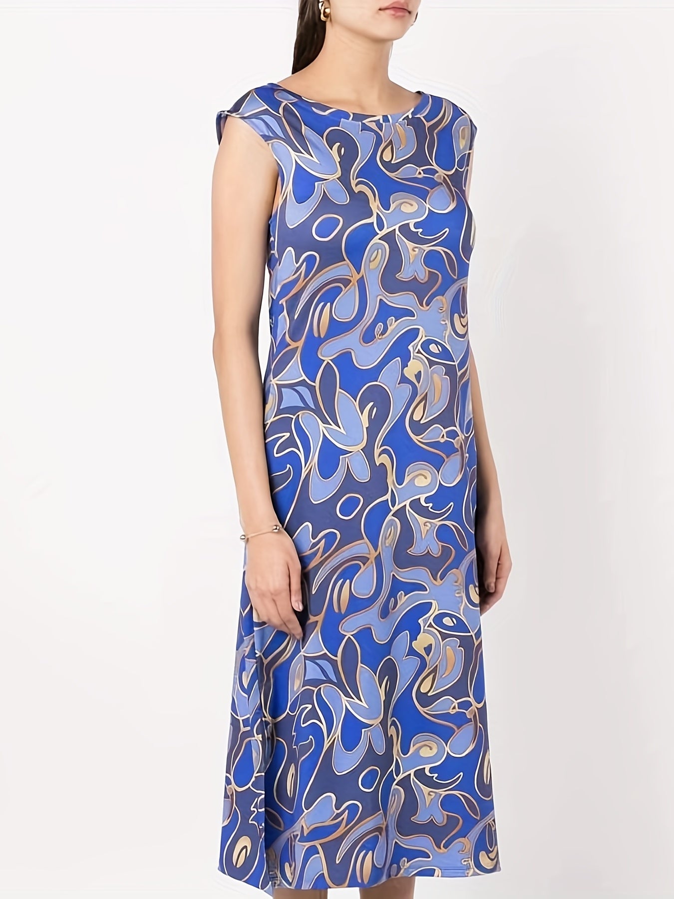  Abstract Print Cap Sleeve Stretch Split Dress