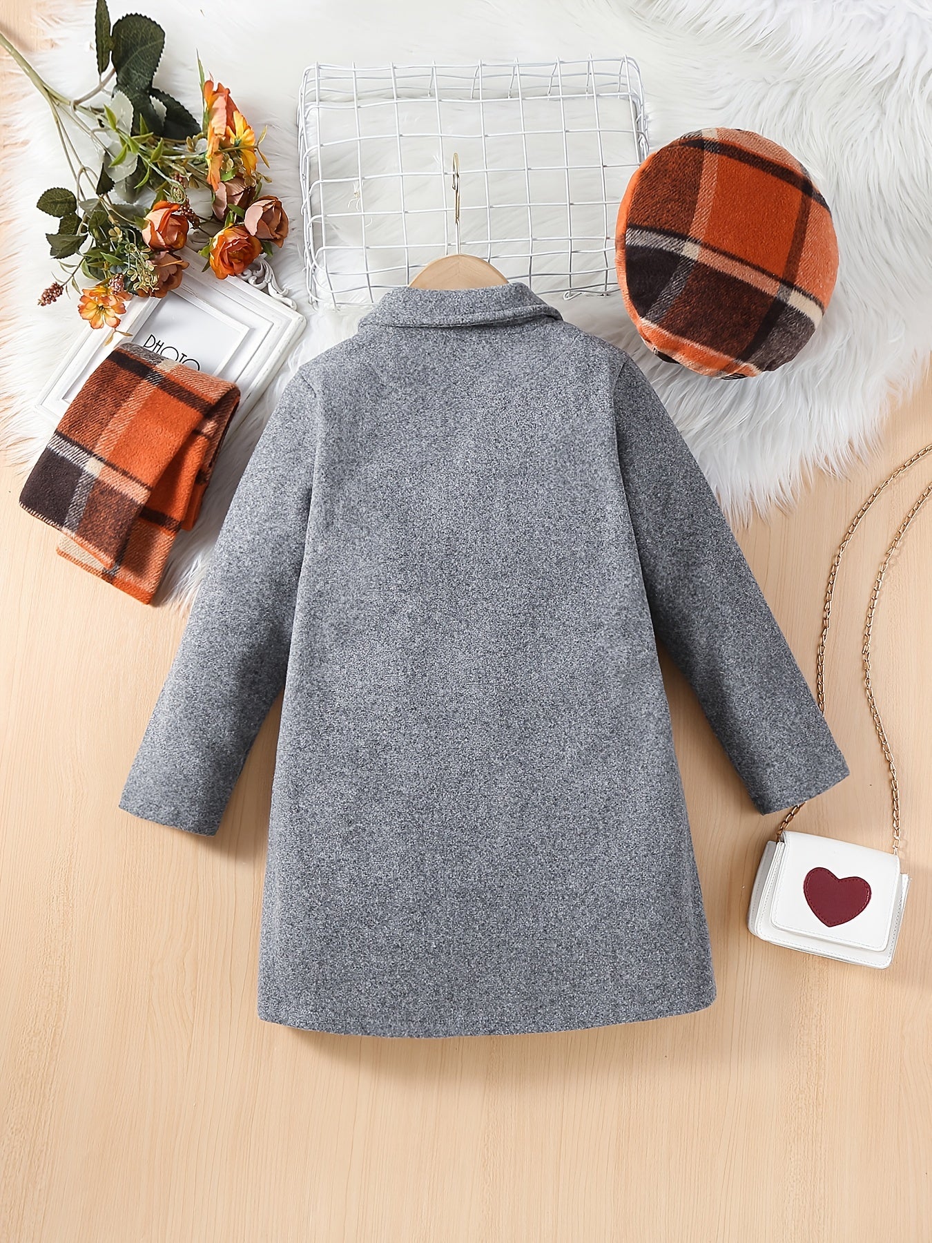 Girls Vintage Long Woolen Overcoat & Plaid Hat Scarf Set