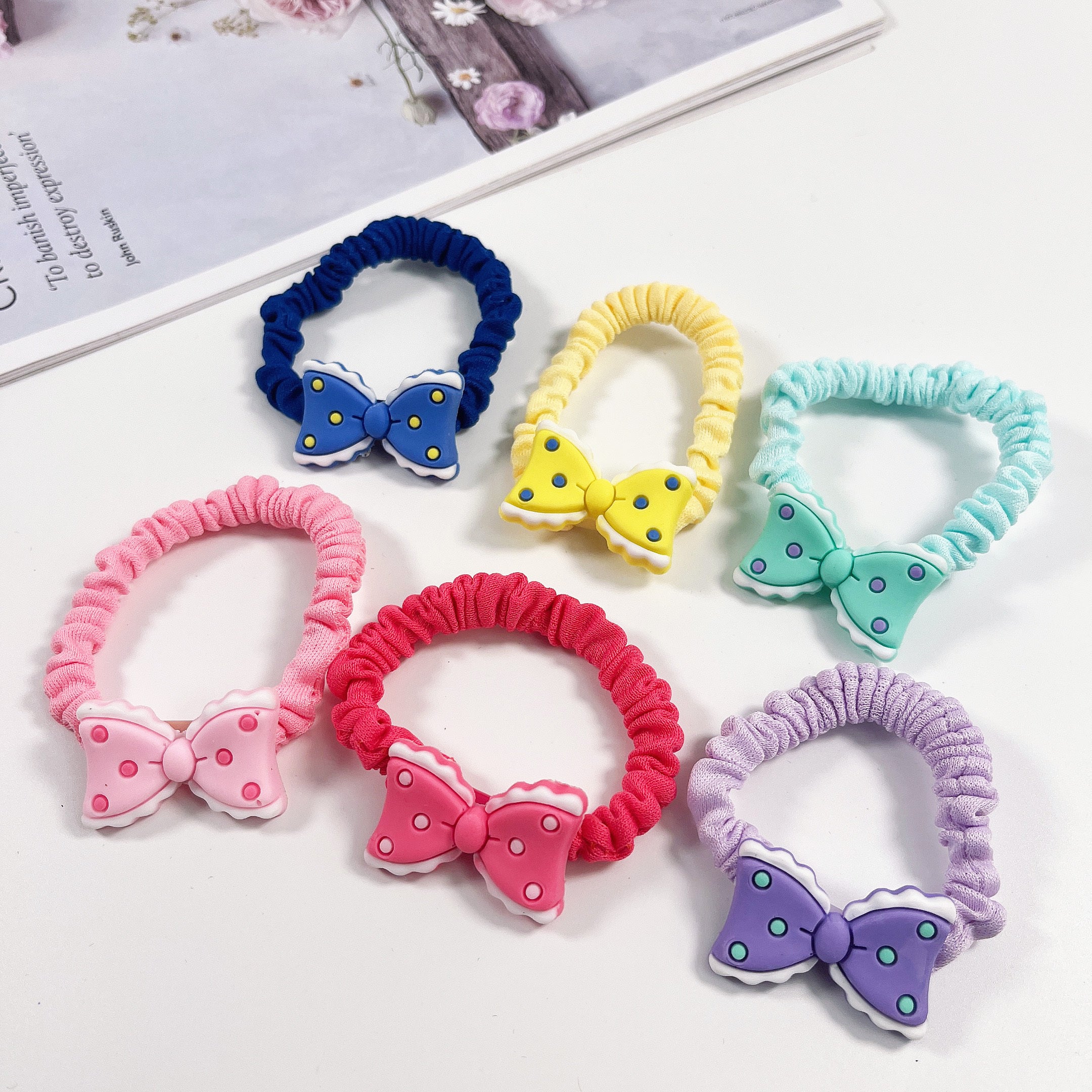 6pcs Candy Scrunchies Bow Hair Tie for Girls