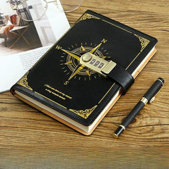 Vintage Leather Diary Notebook with Lock Retro Compass Plain Paper
