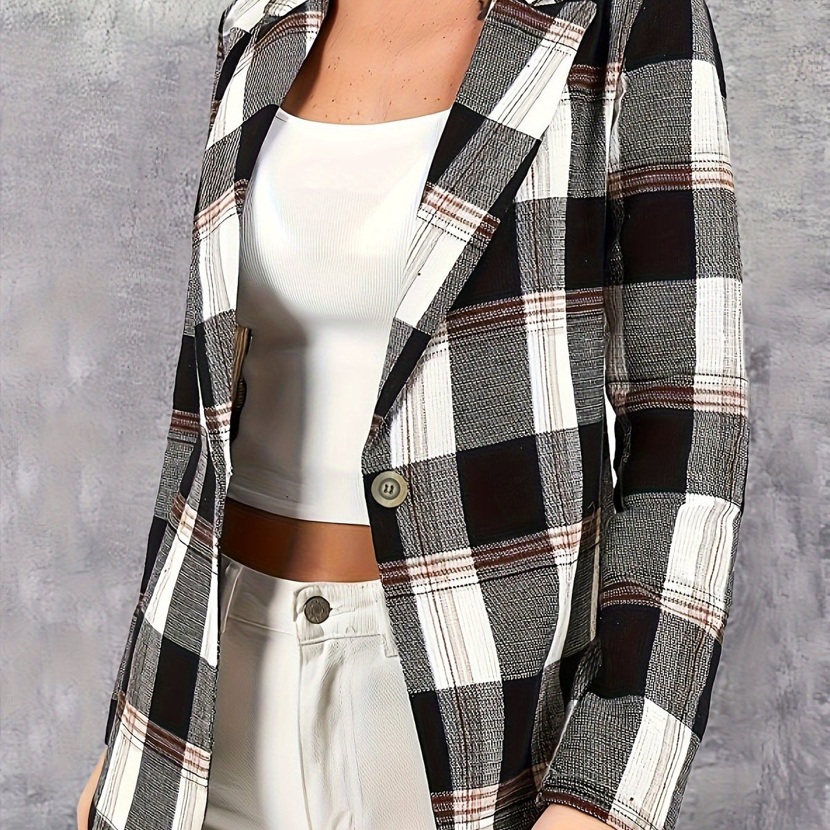  Plaid Print Long Sleeve Blazer