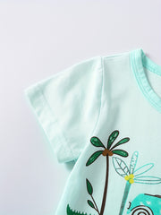 Kids Cartoon Vacation Outfit Set - Short Sleeve T-shirt & Casual Shorts