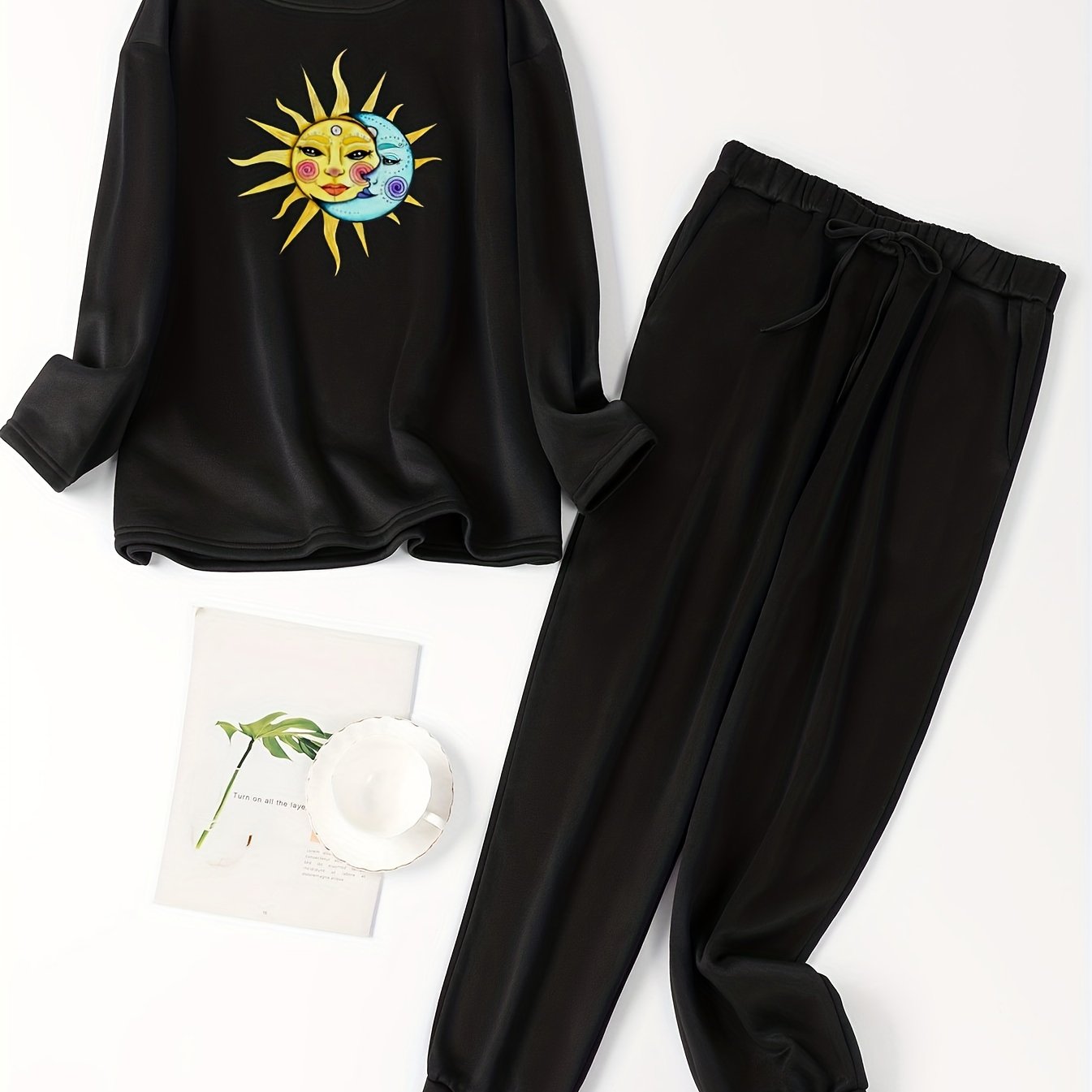 Sun & Moon Print Fleece Tee & Jogger Pants Pajama Set