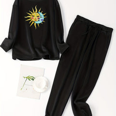  Sun & Moon Print Fleece Tee & Jogger Pants Pajama Set