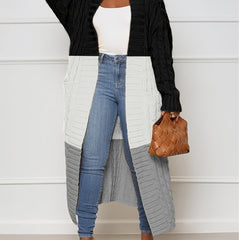  Colorblock Cable Long Sleeve Open Front Long Cardigan
