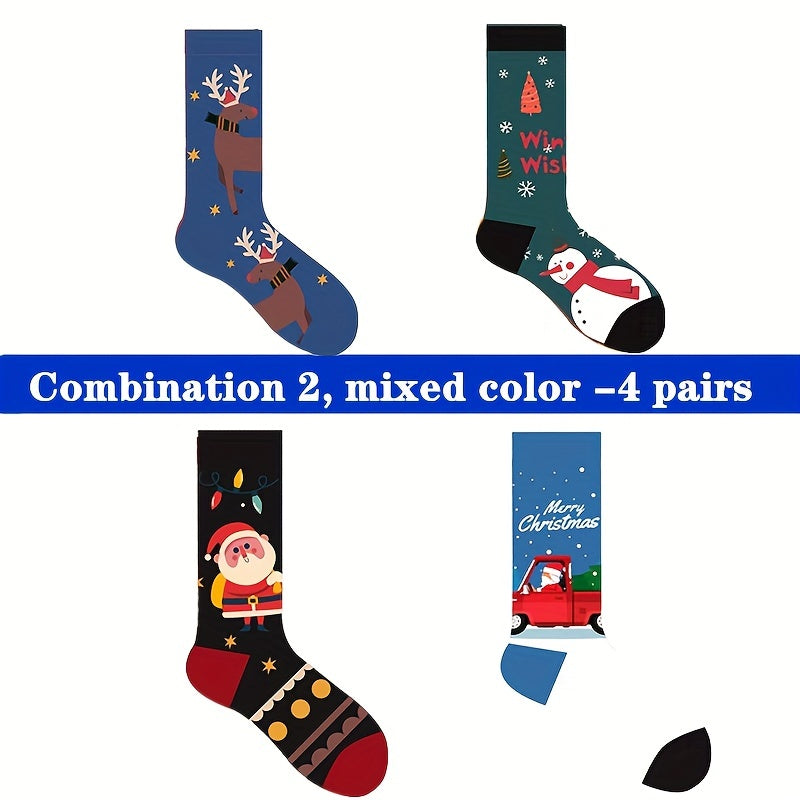 4 Pairs Cartoon Print Socks Christmas Mid Tube Stockings Women's Hosiery