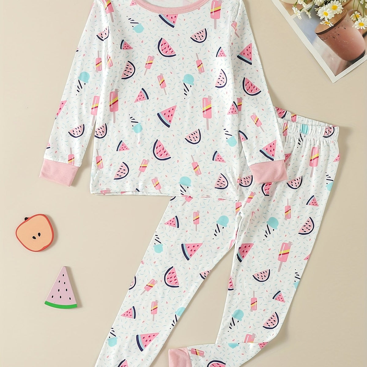 2Pcs Toddler Girls Watermelon Pajama Set Long Sleeve Top & Pants