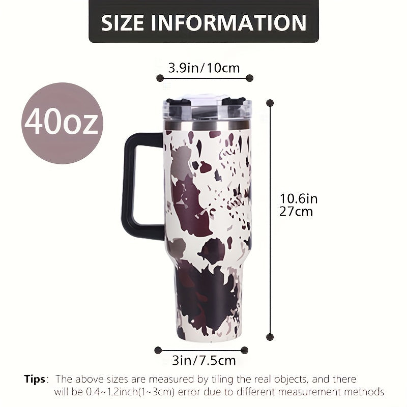 40oz Cow Print Insulated Tumbler with Handle & Straw Lid
