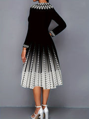  Women's Geo & Ombre Print Long Sleeve Round Neck A line Formal Dress